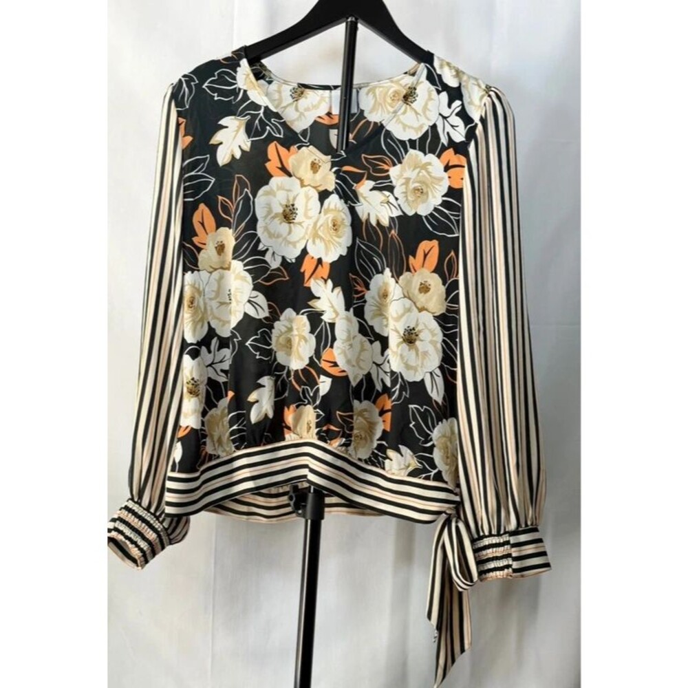 CAbi Floral Striped Blouse Women’s Medium Tie Sleeve Mixed Print Top